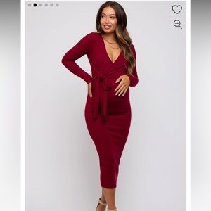 Burgundy Ribbed Long Sleeve Maternity Wrap Dress M